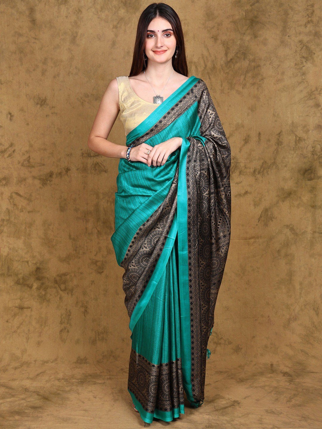 

Exotic India Warli Woven Design Art Silk Saree, Green