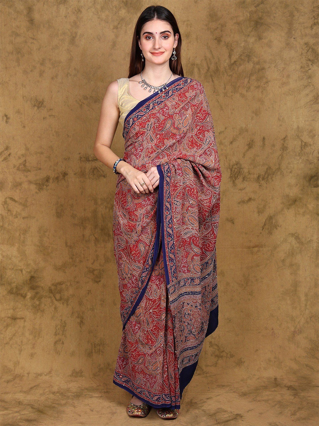 

Exotic India Paisley Kantha Work Saree With Blouse Piece, Red