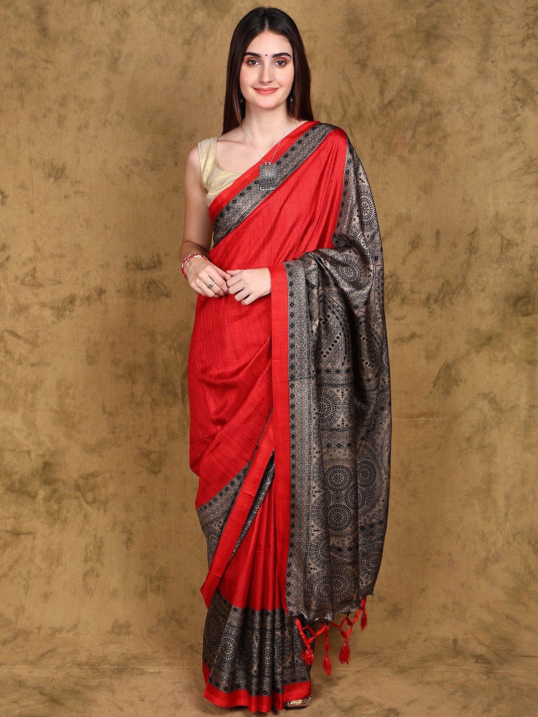 

Exotic India Art Silk Saree with Warli Folk Figures Printed Border and Pallu, Red