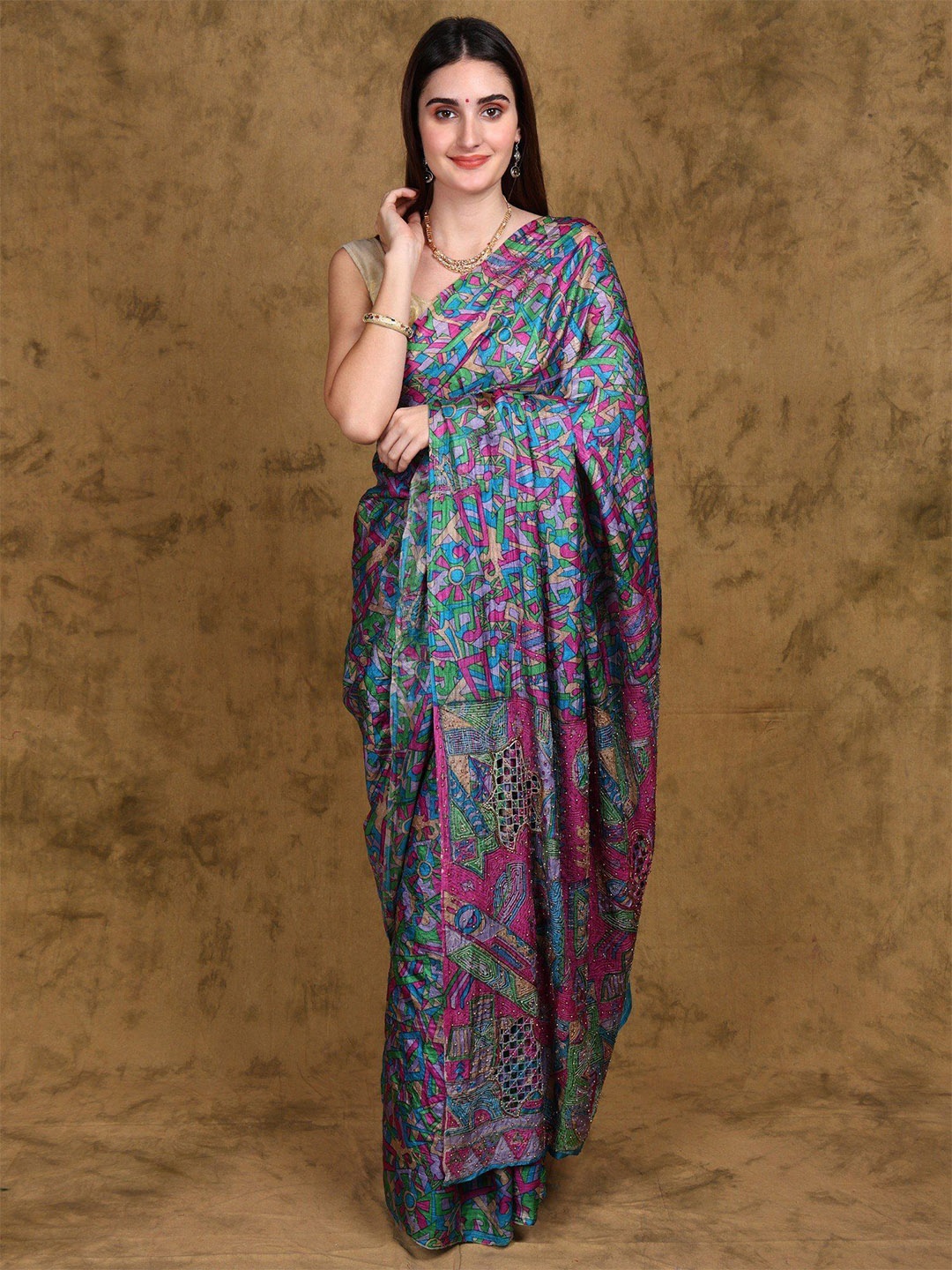 Exotic India Beads and Stones Saree, Pink
