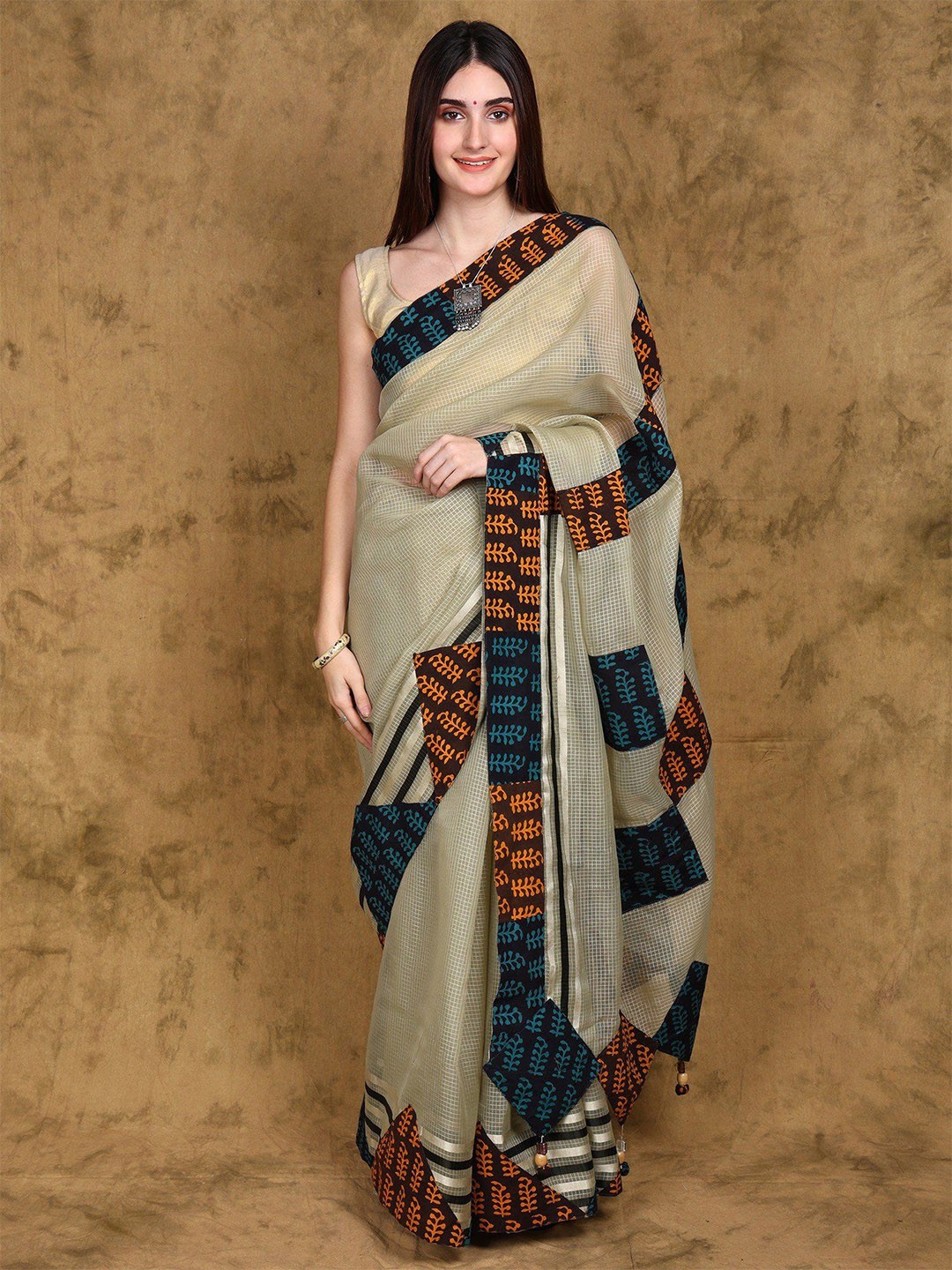 

Exotic India Checked Patchwork Art Silk Saree, Green
