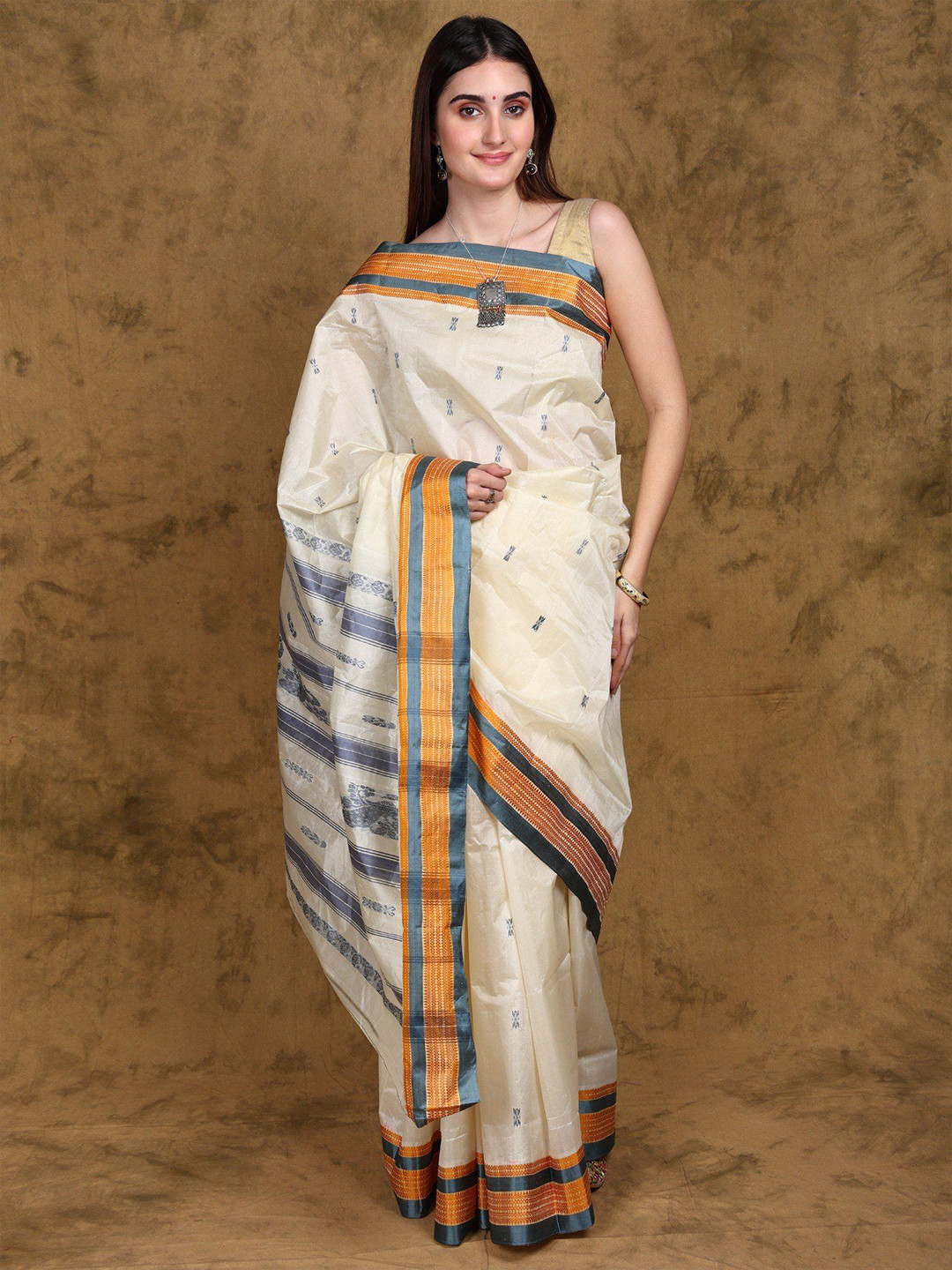 

Exotic India Ethnic Motifs Pure Silk Garad Saree, Off white