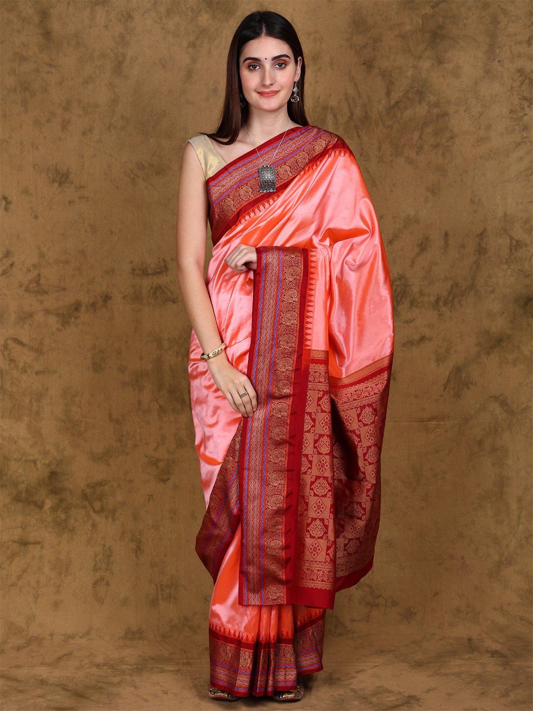 Exotic India Woven Design Zari Pure Silk Saree, Peach