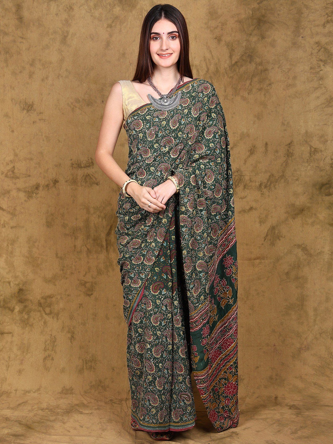 

Exotic India Paisley Kantha Work Poly Crepe Saree with Kantha Embroidery and Sequins, Green
