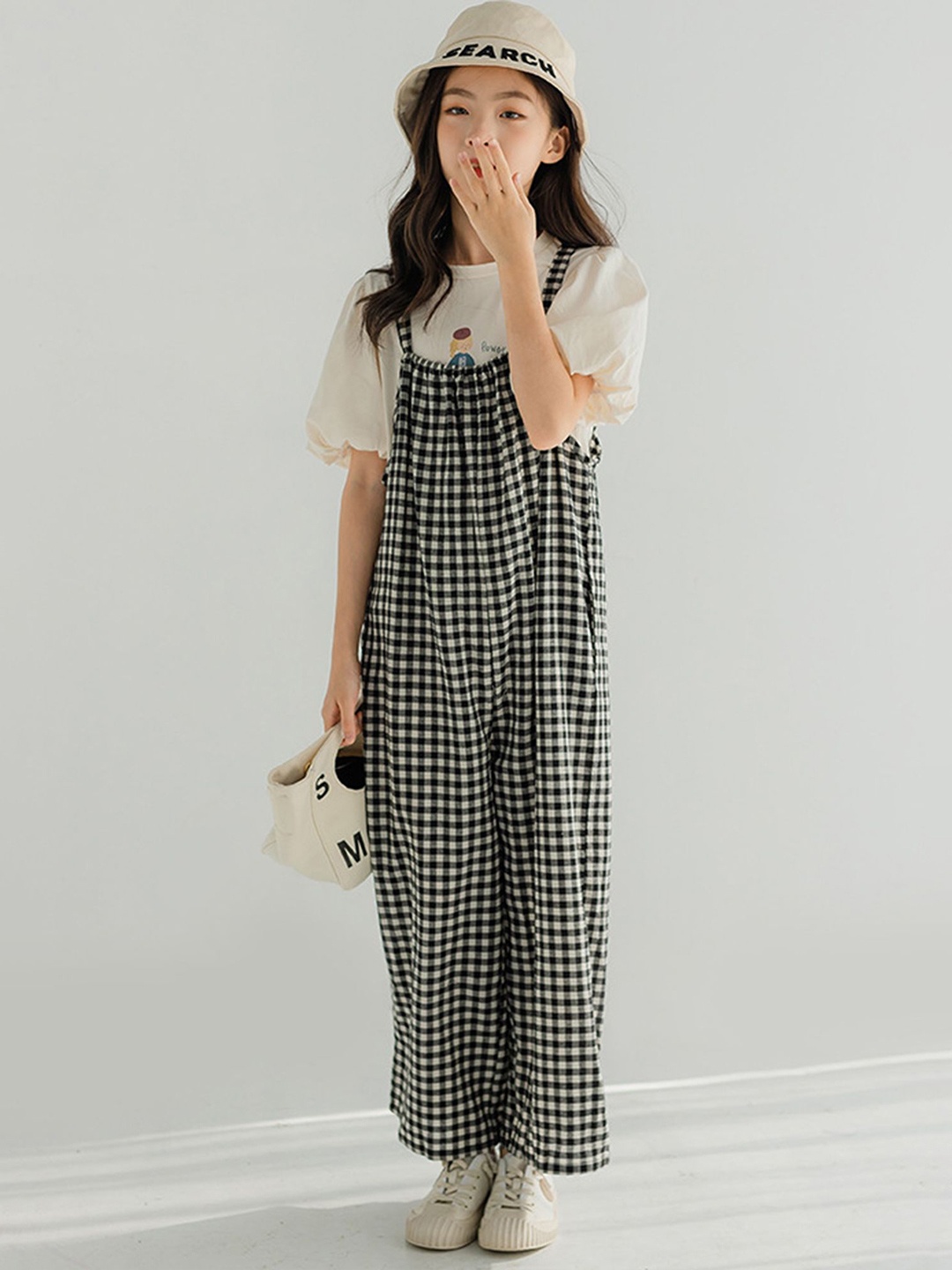 

LULU & SKY Girls Organic Cotton Checked Basic Jumpsuit, Black