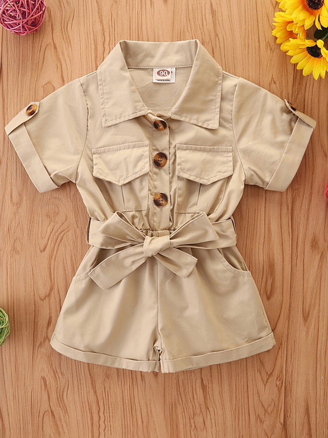 

LULU & SKY Girls Shirt Collar Jumpsuit, Khaki