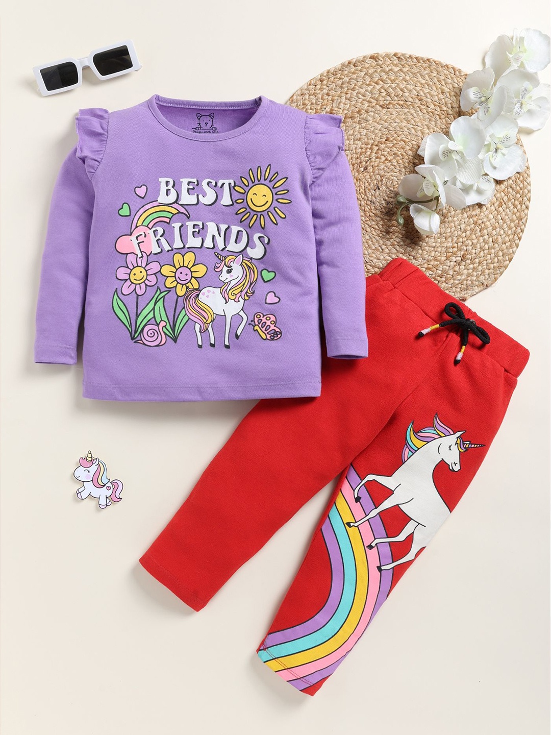 

YK Girls Printed Round Neck Long Sleeves T-Shirt With Trouser, Purple