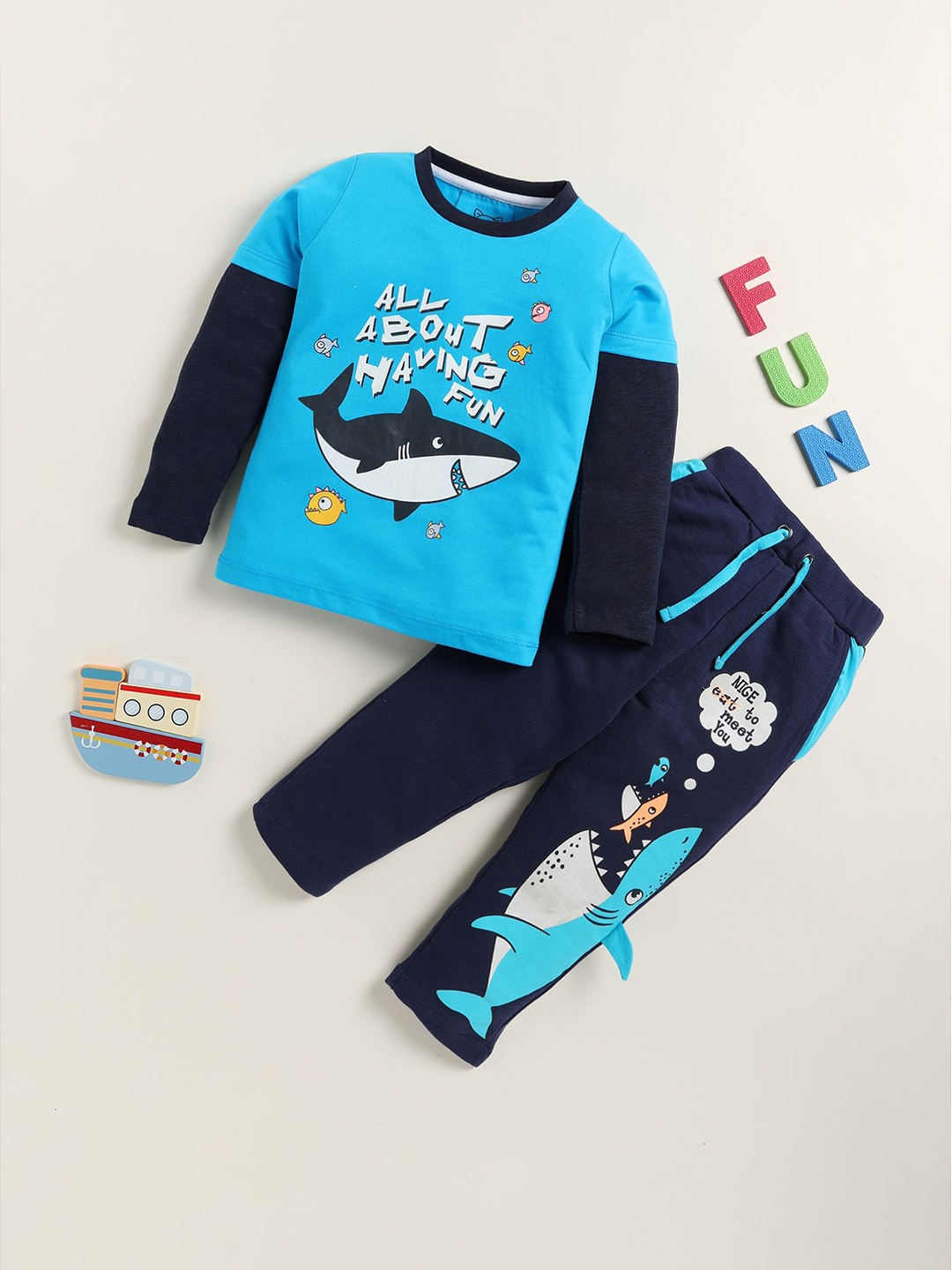 

YK Boys Printed Round Neck Long Sleeves T-Shirt With Trouser, Turquoise blue