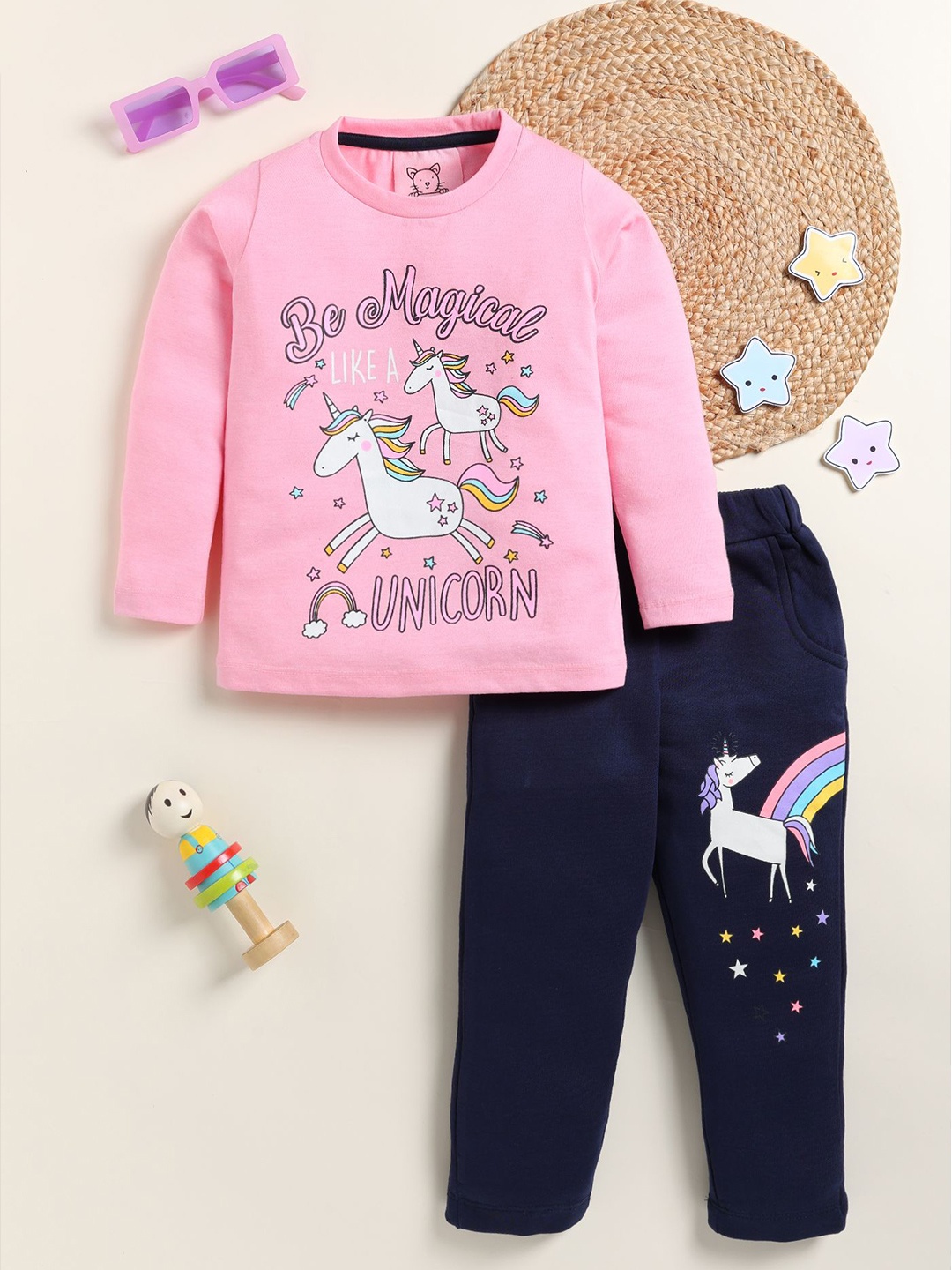 

YK Girls Printed Round Neck Long Sleeves T-Shirt With Trouser, Pink