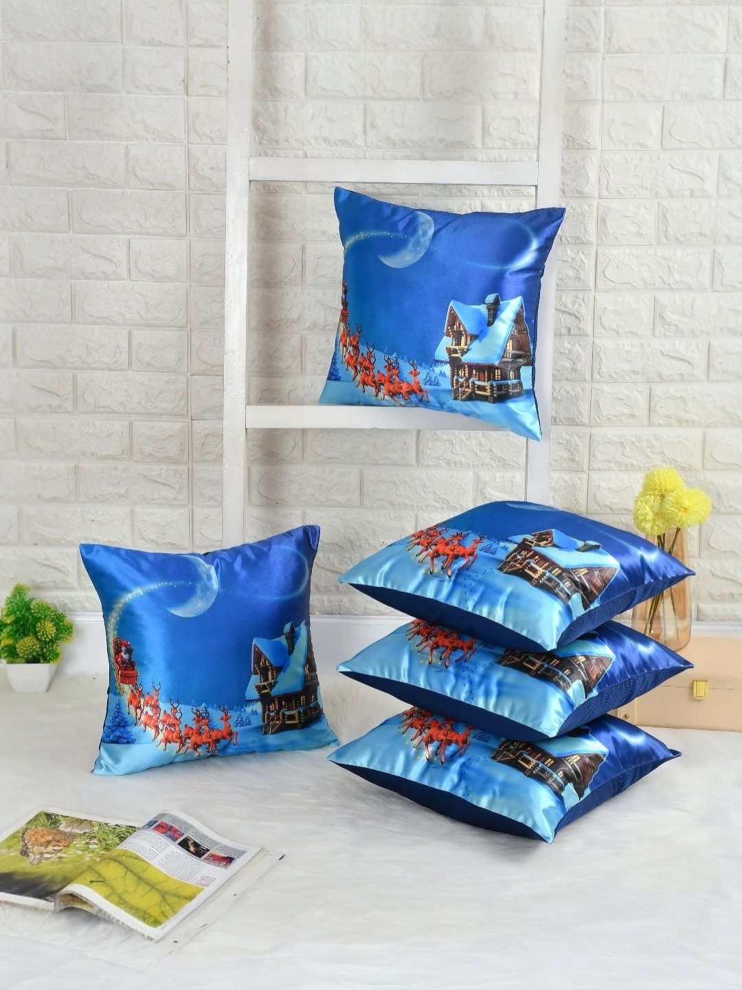 

BIGGER FISH Blue 5 Pieces Graphic Printed Square Cushion Covers