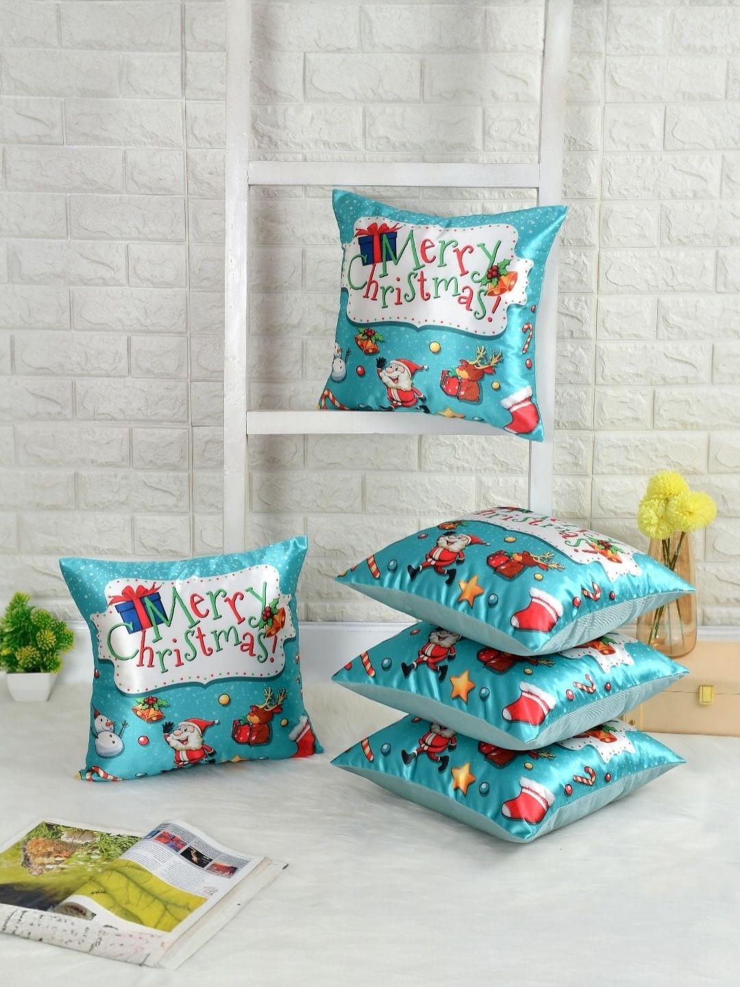

BIGGER FISH Blue 5 Pieces Graphic Printed Square Cushion Covers
