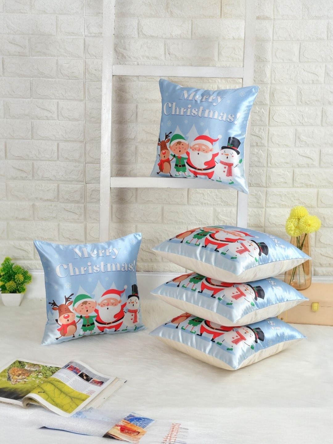 

BIGGER FISH Blue 5 Pieces Graphic Printed Square Cushion Covers