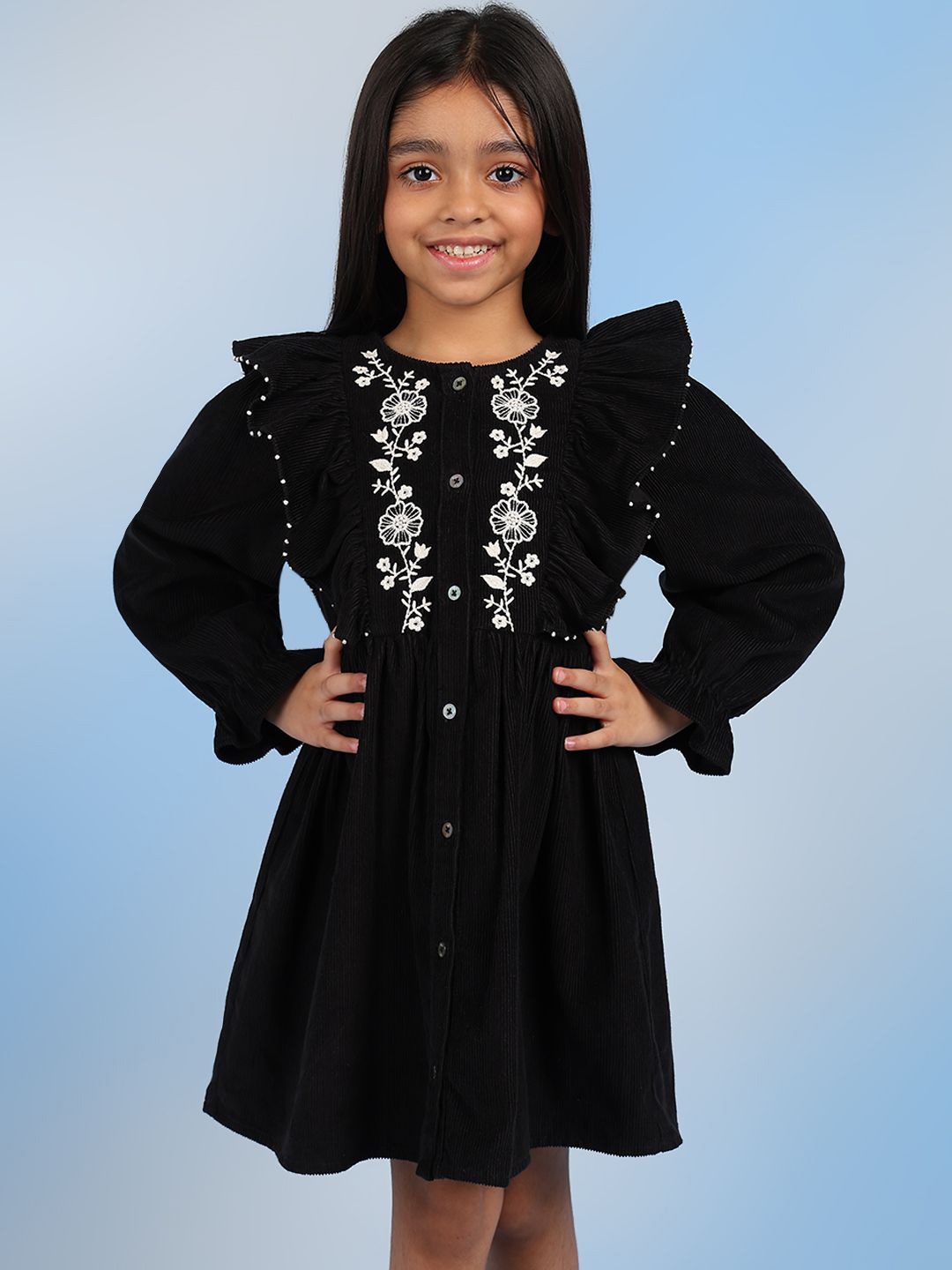 

BAESD Girls Embroidered Puff Sleeve A-Line Dress, Black