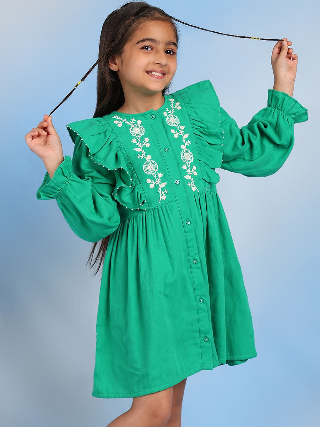 BAESD Girls Embroidered Puff Sleeve A-Line Cotton Dress, Green