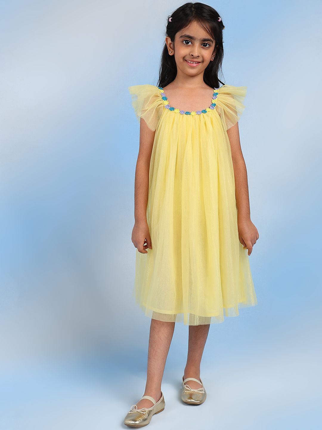 BAESD Girls Floral Embroidered A-Line Knee Length Dress, Yellow