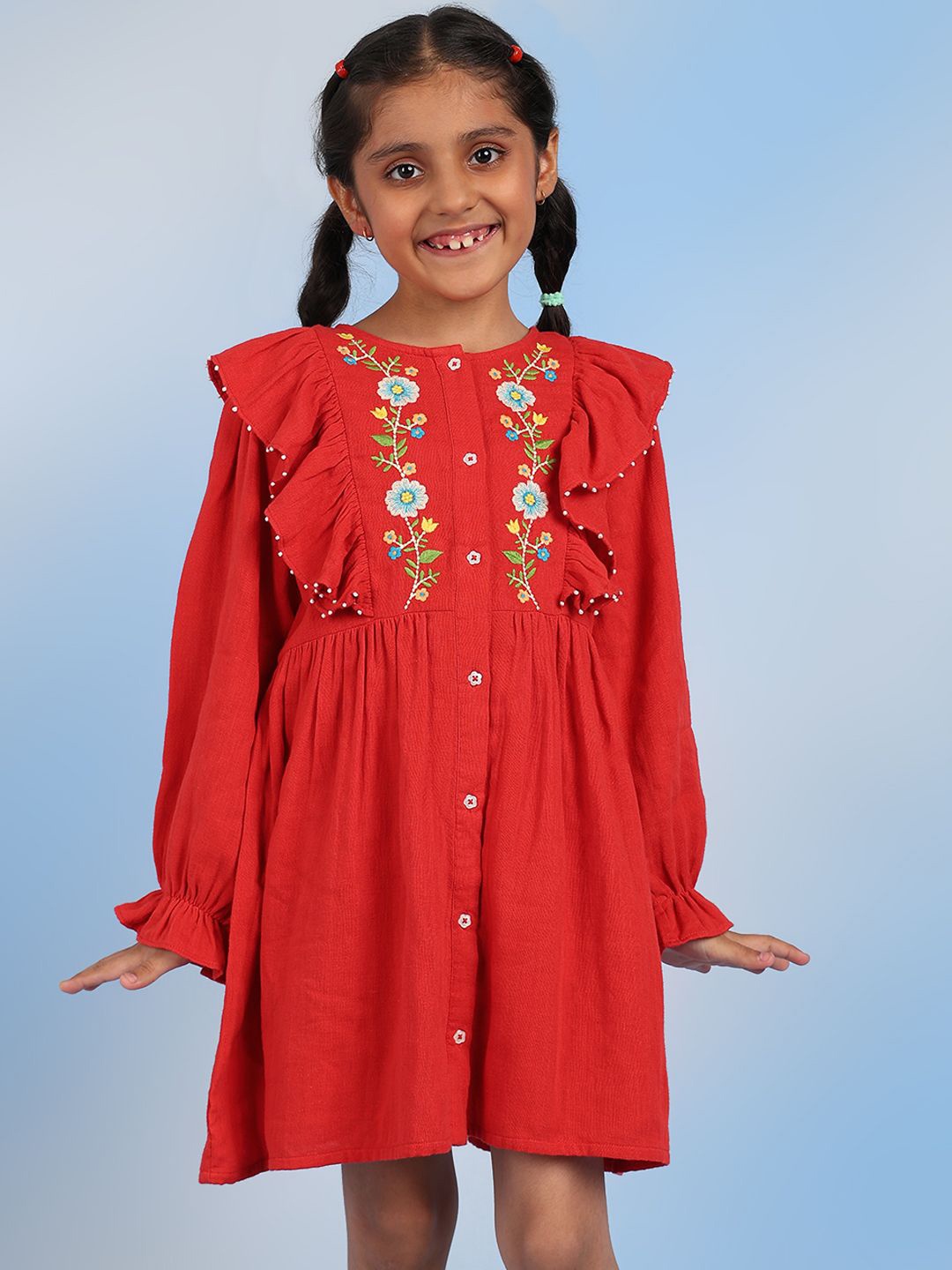 

BAESD Embroidered Puff Sleeve Cotton Shirt Dress, Red
