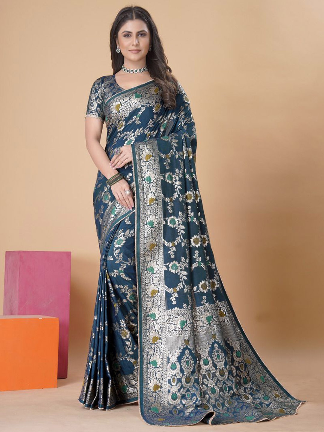 Mangalam Fashion Diva Woven Design Zari Banarasi Saree, Blue
