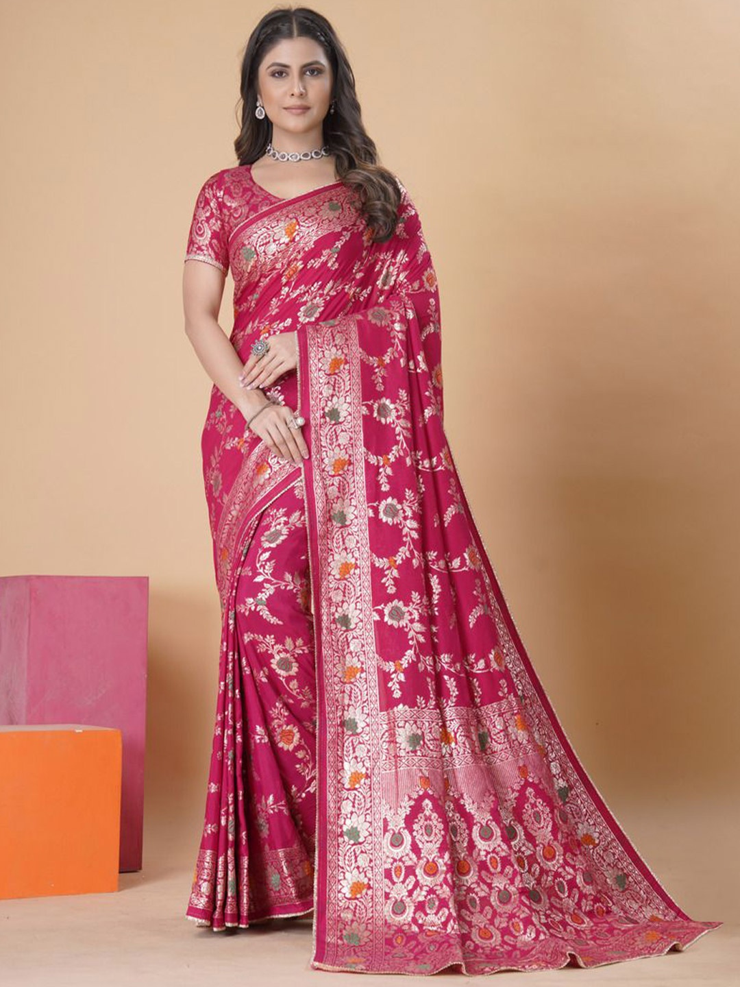 

Mangalam Fashion Diva Woven Design Zari Banarasi Saree, Rose