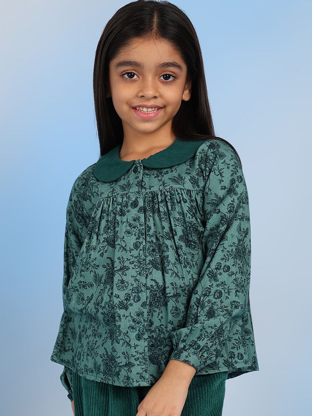 

BAESD Girls Print Peter Pan Collar Flared Sleeve Cotton Shirt Style Top, Green