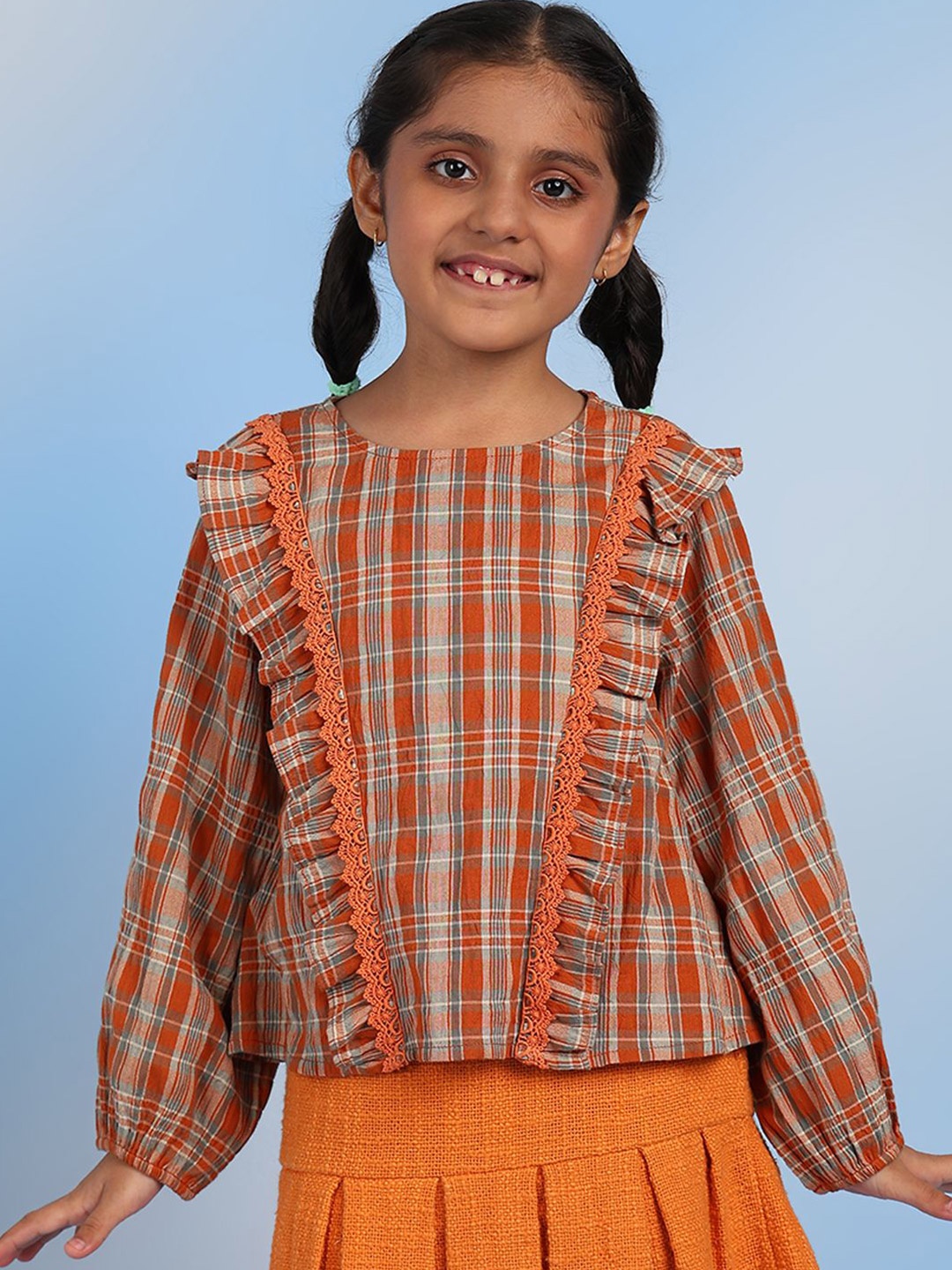 

BAESD Girls Checked Puff Sleeve Cotton Top, Orange