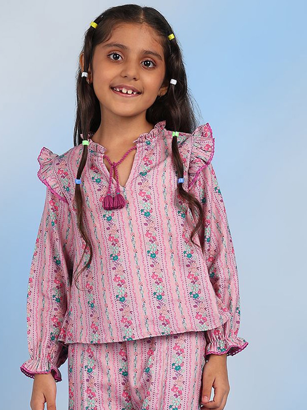 

BAESD Floral Printed Tie-Up Neck Cotton Top, Pink