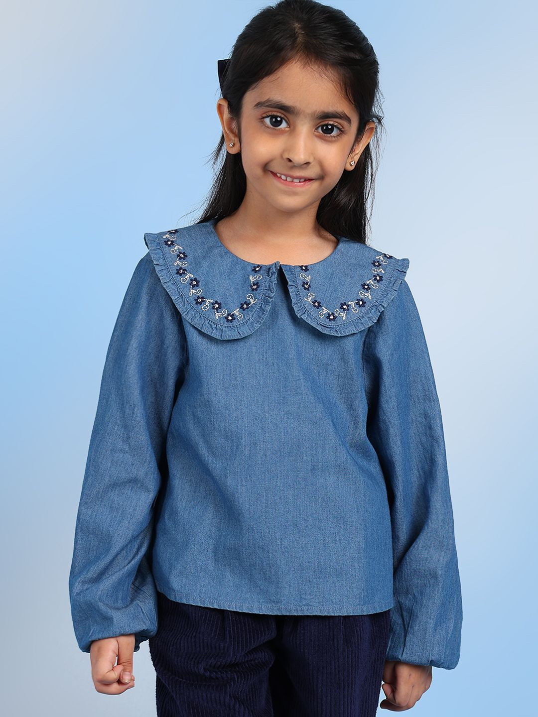 

BAESD Girls Peter Pan Collar Long Sleeves Cotton Top, Navy blue