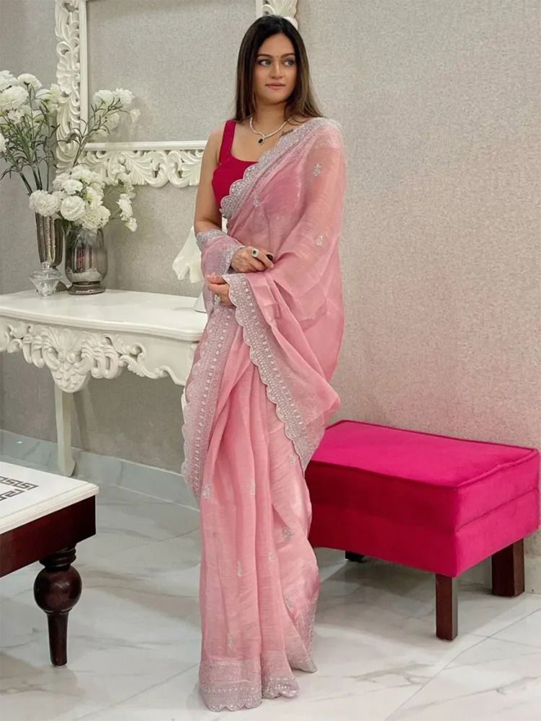 

zinzraa Woven Design Zari Tissue Saree, Pink