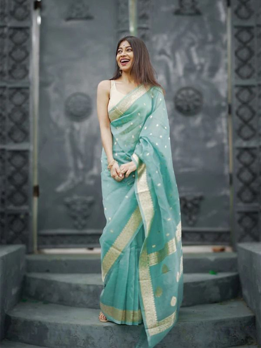 

zinzraa Woven Design Zari Pure Silk Saree, Sea green