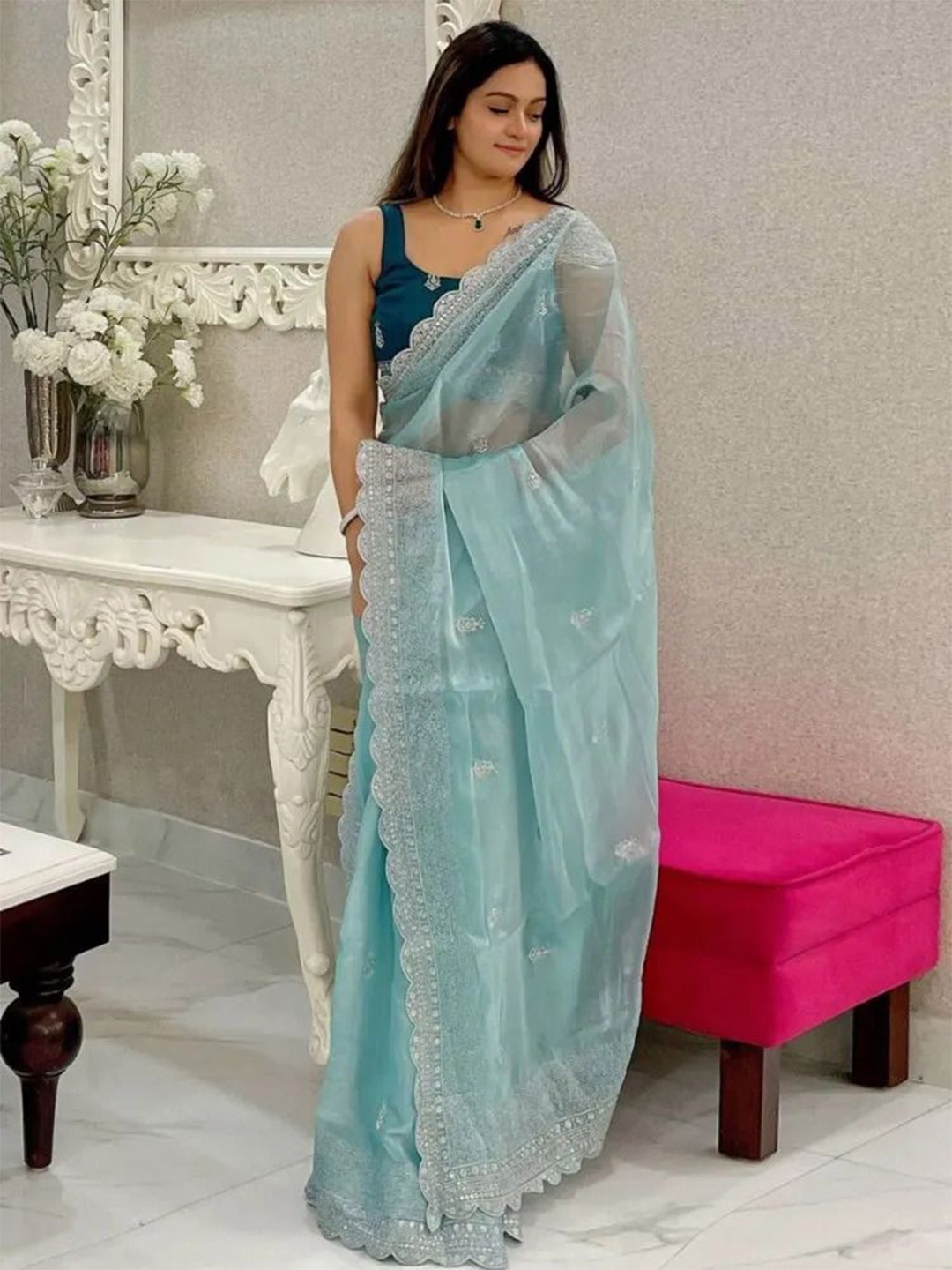 

zinzraa Woven Design Zari Tissue Saree, Sea green