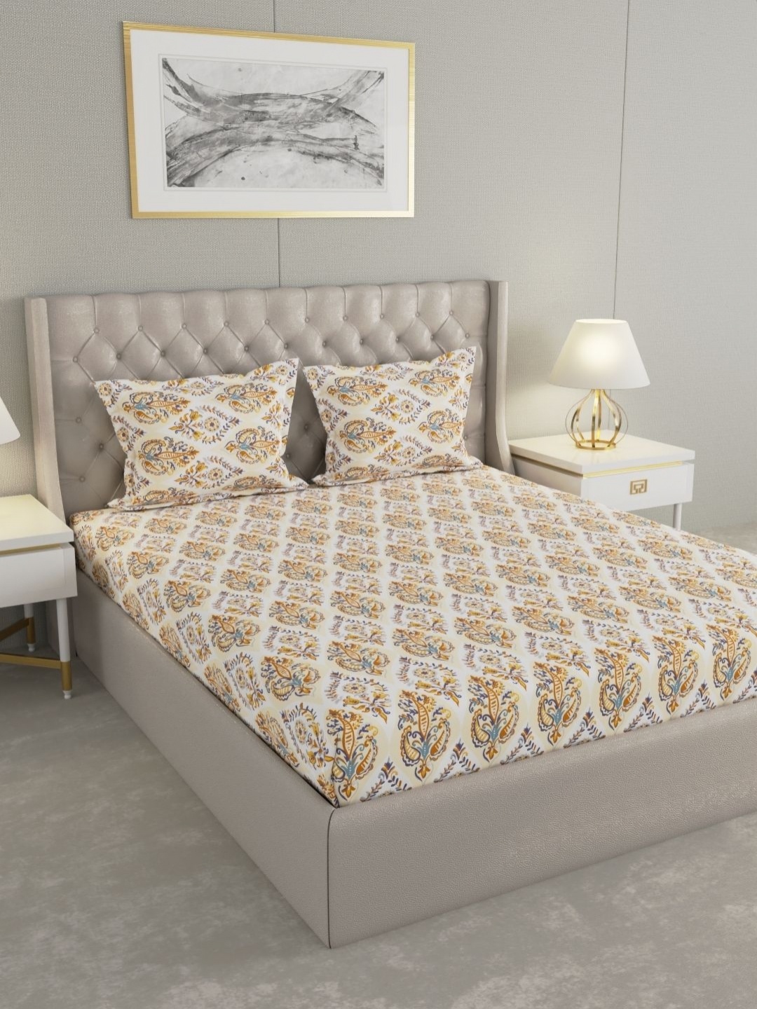

Raymond Home Mustard & Blue Floral 120 TC Cotton King Bedsheet Set 2.74 m X 2.74 m