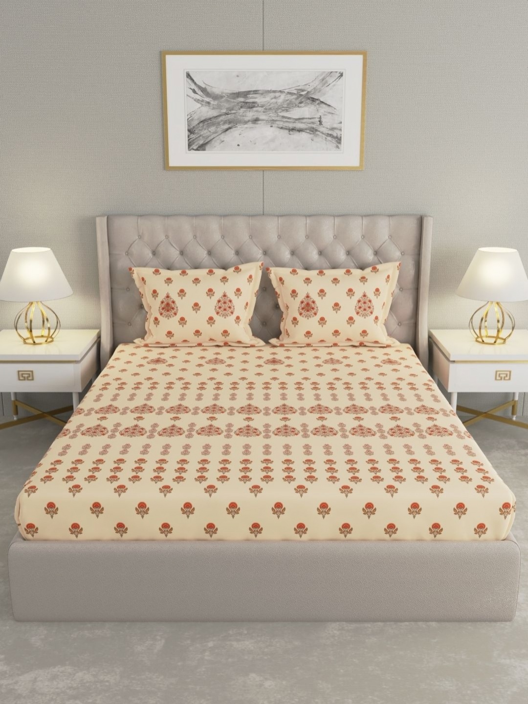 Raymond Home Beige & Red Floral 120 TC Cotton King Bedsheet Set 2.74 m X 2.74 m