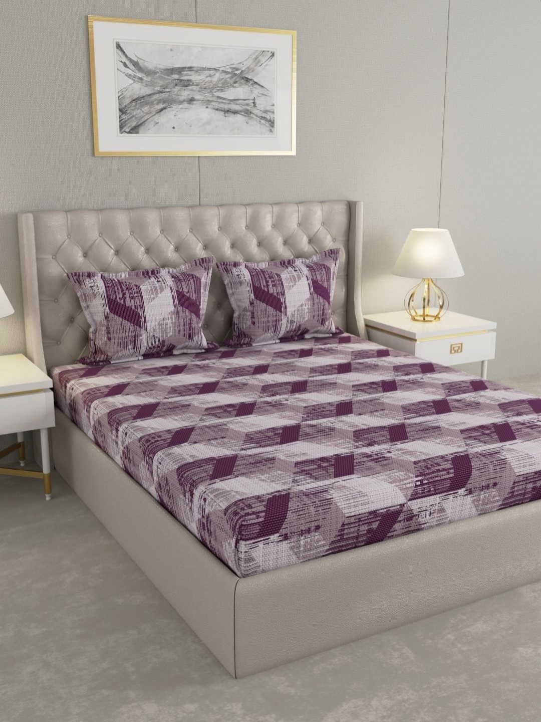 Raymond Home Purple & White Geometric 120 TC Cotton King Bedsheet Set 2.74 m X 2.74 m