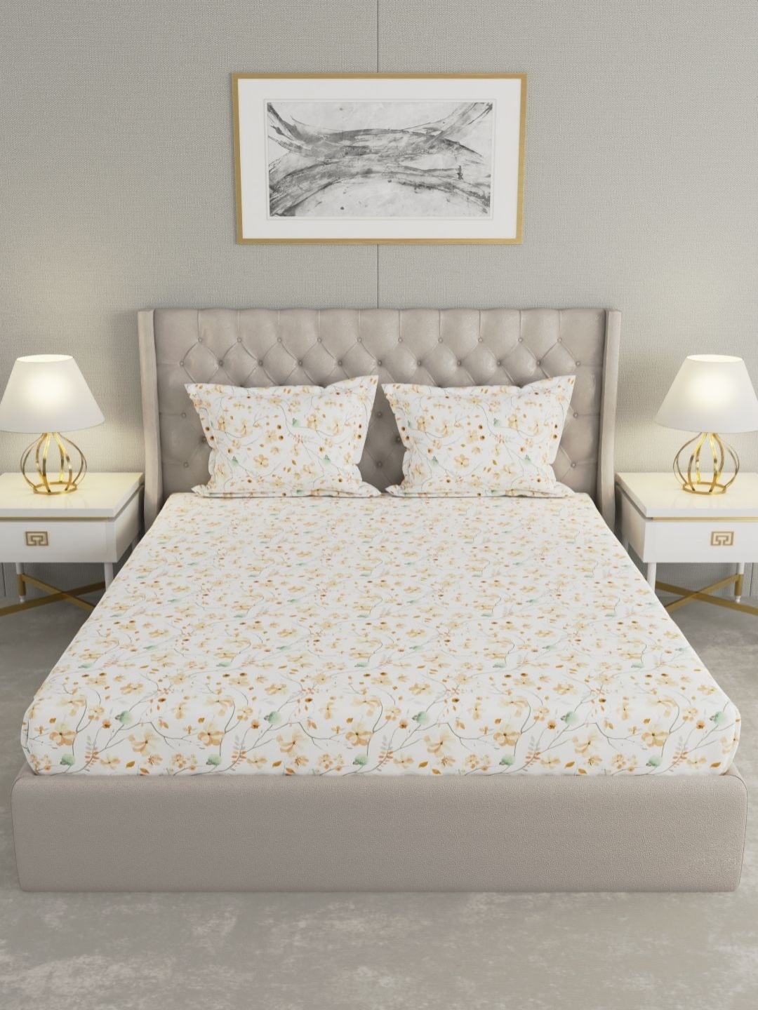 

Raymond Home Yellow & Green Floral 120 TC King Bedsheet with 2 Pillow Covers