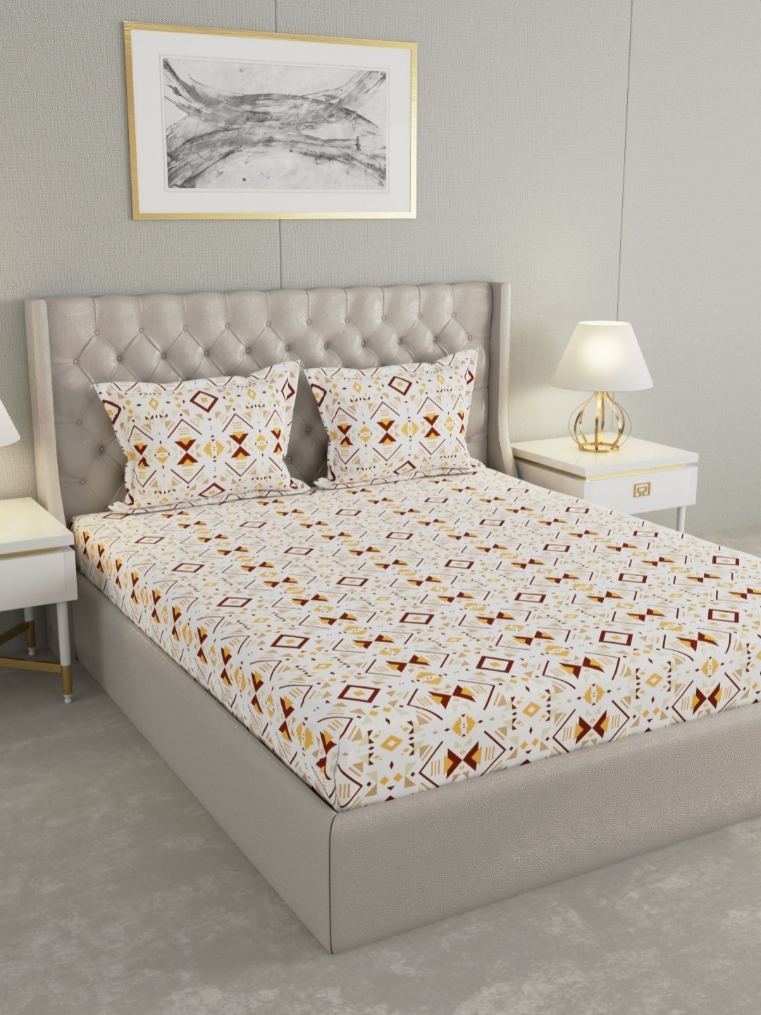 

Raymond Home Yellow & Brown Geometric 120 TC Cotton King Bedsheet Set 2.74 m X 2.74 m