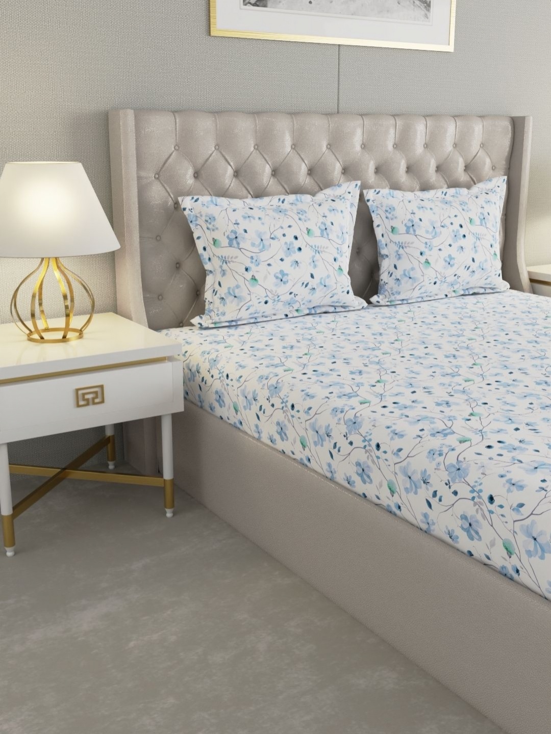 

Raymond Home Blue & White Floral 120 TC Cotton King Bedsheet Set 2.74 m X 2.74 m
