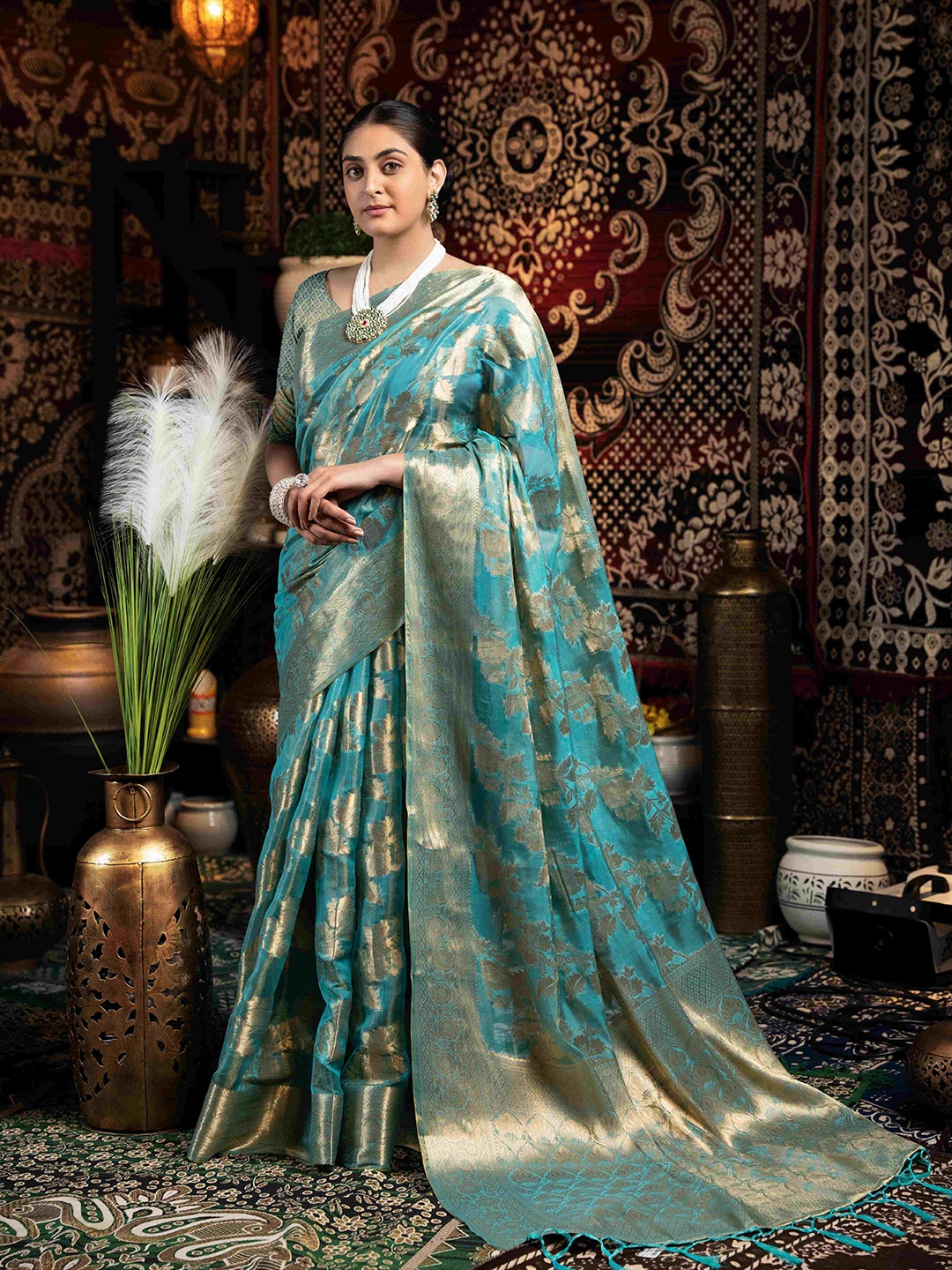 

HEER FASHION Woven Design Zari Organza Saree, Blue