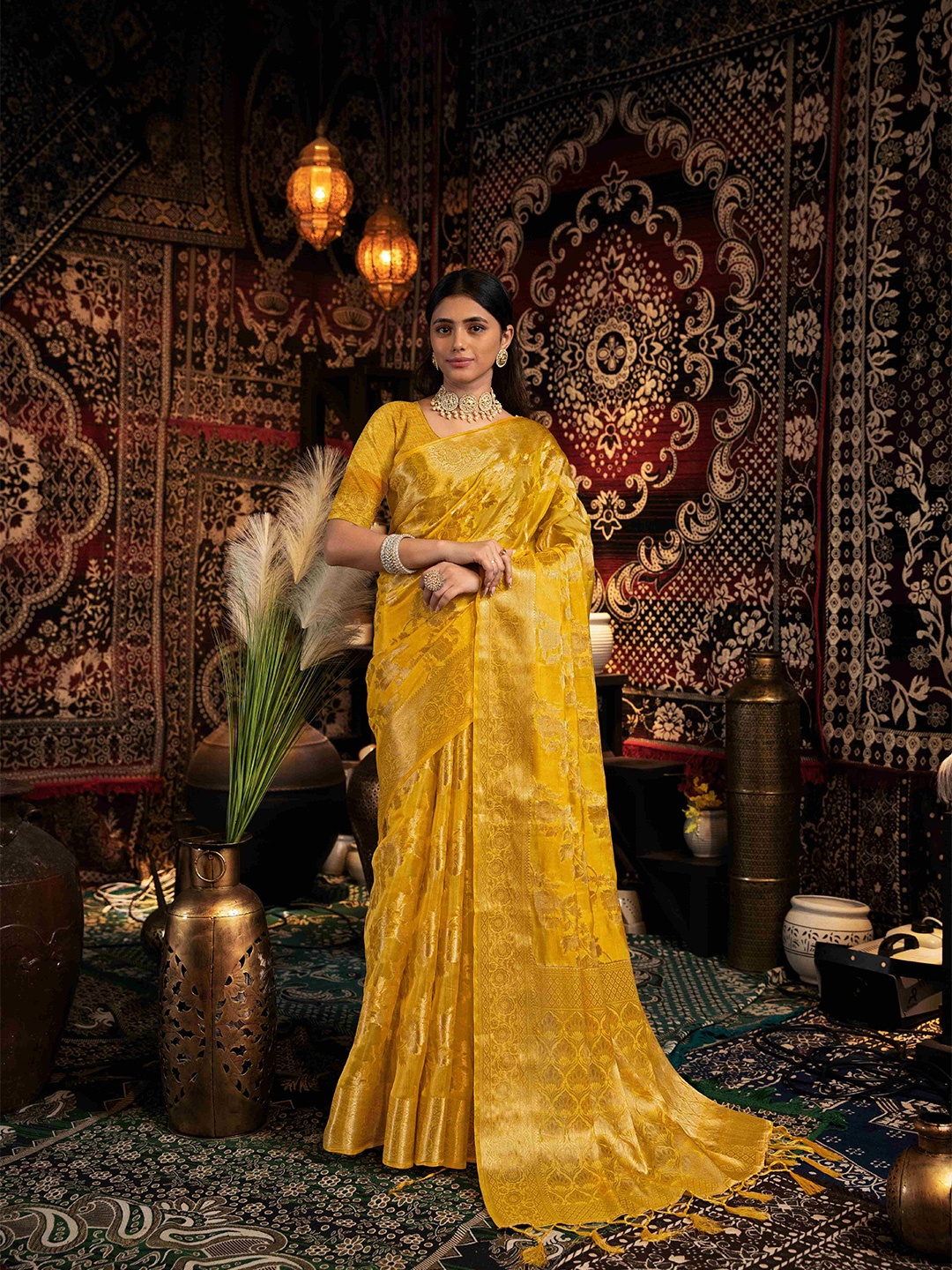 HEER FASHION Woven Design Zari Organza Saree, Yellow