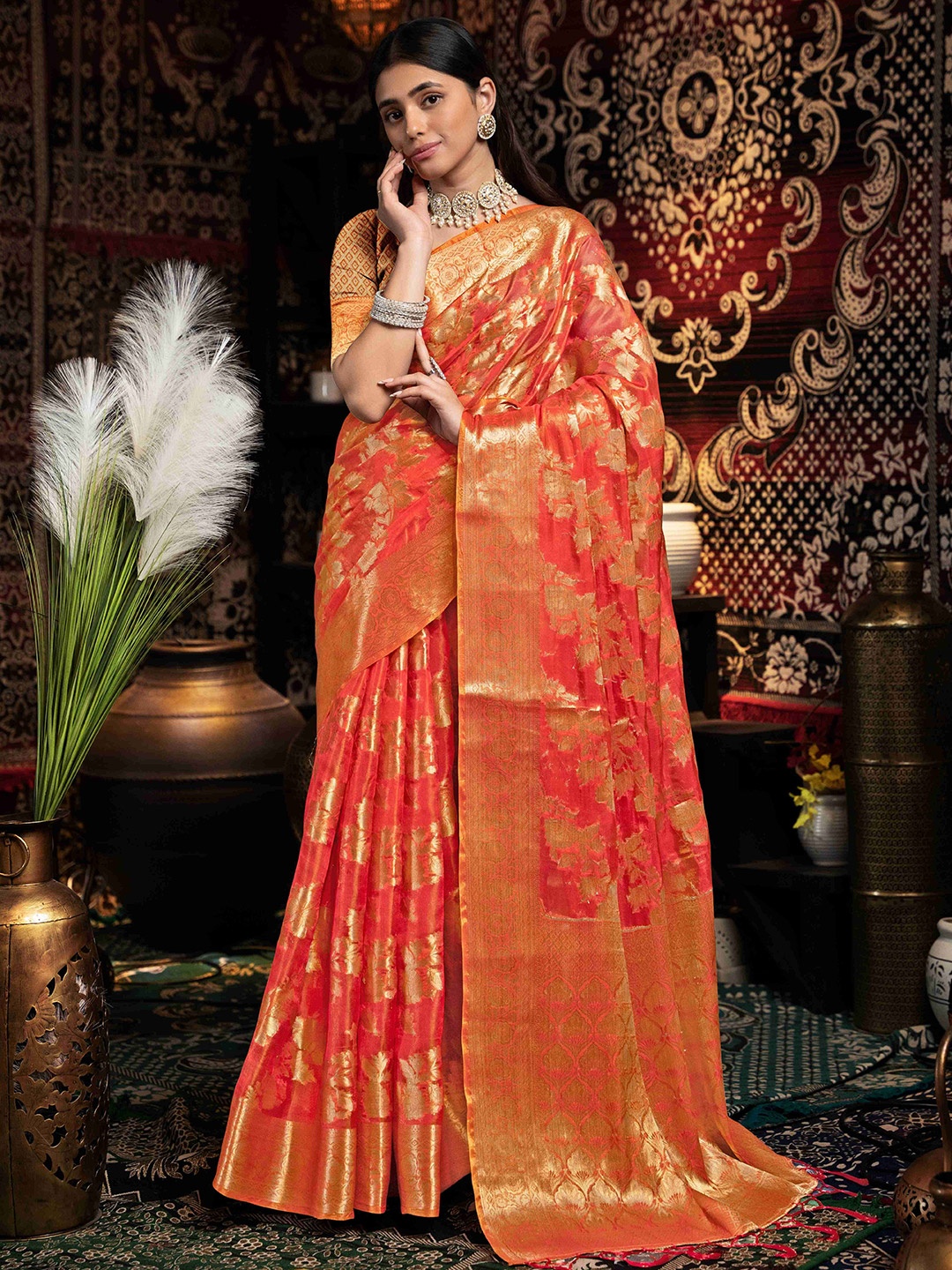 

HEER FASHION Woven Design Zari Organza Saree, Red