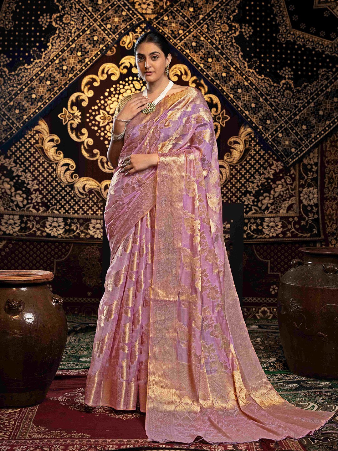 

HEER FASHION Women Woven Design Zari Saree, Pink