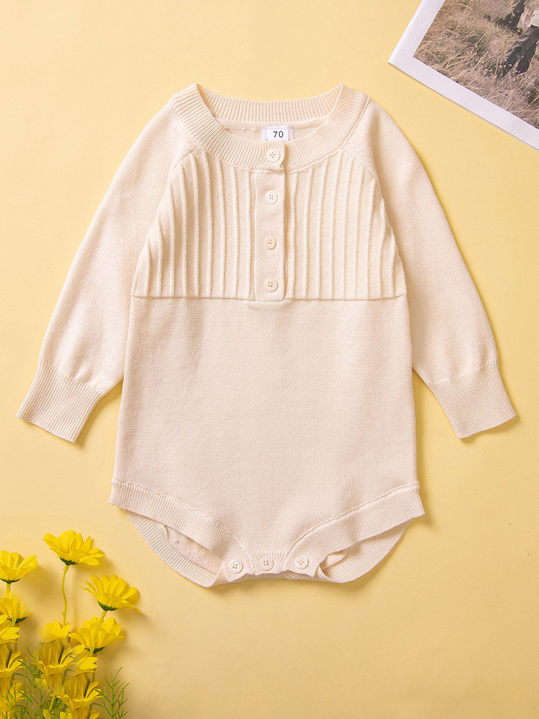 

LULU & SKY Girls Self Design Round Neck Winter Bodysuit, Off white