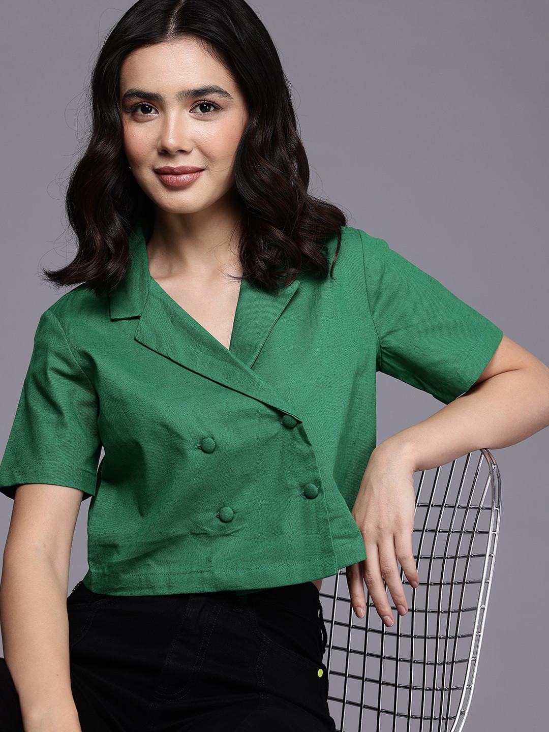 

Allen Solly Woman Cotton Linen Blazer Style Crop Top, Green