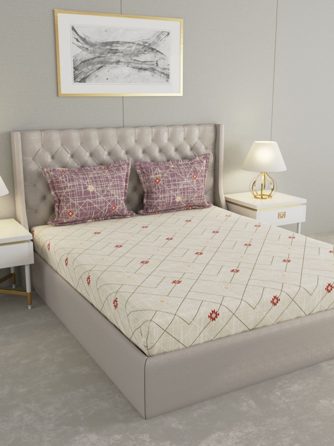 

Raymond Home Beige & Red Geometric 120 TC Cotton Queen Bedsheet Set 2.24 m X 2.54 m