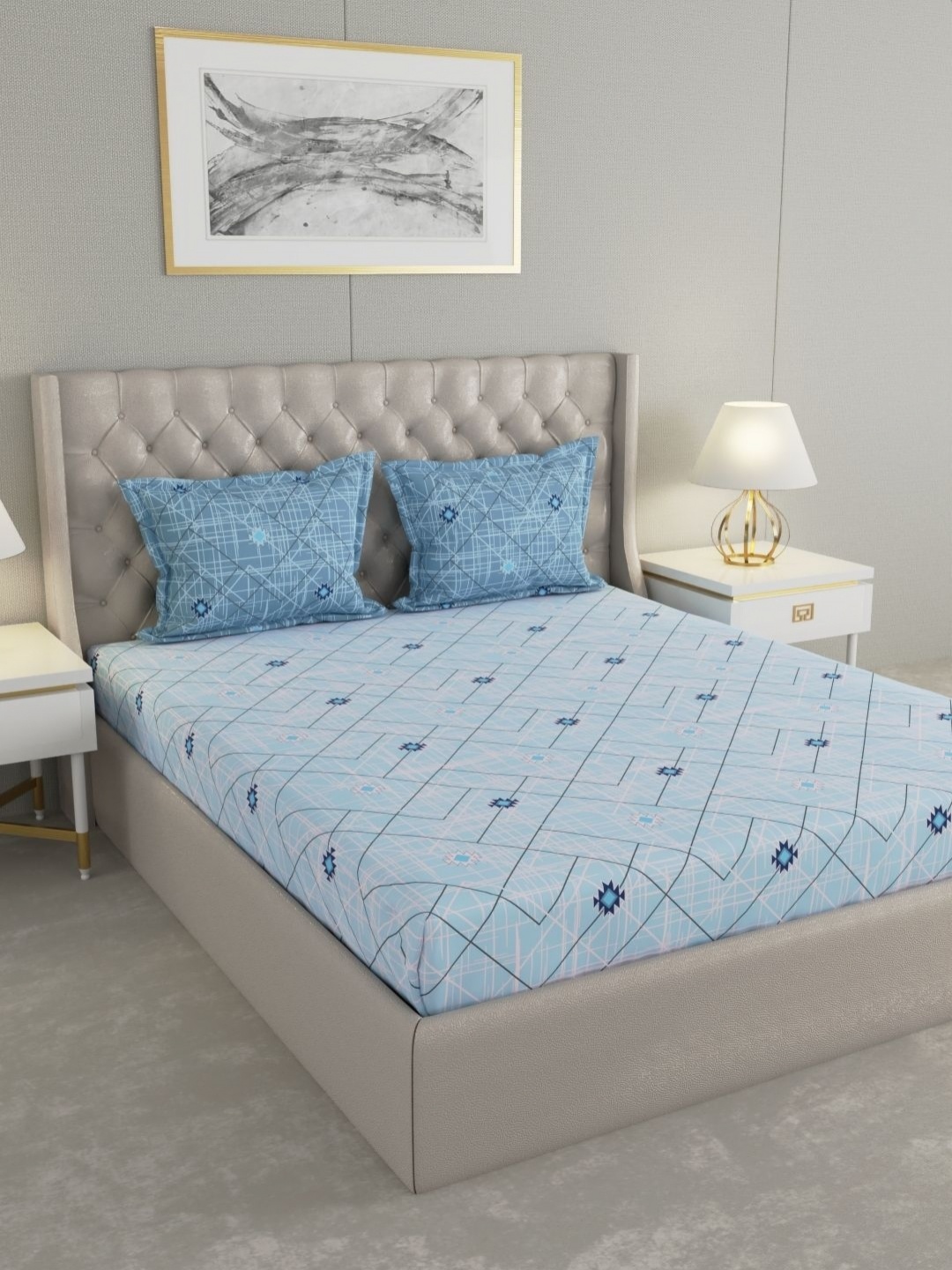 Raymond Home Blue Geometric 120 TC Cotton Queen Bedsheet Set 2.24 m X 2.54 m