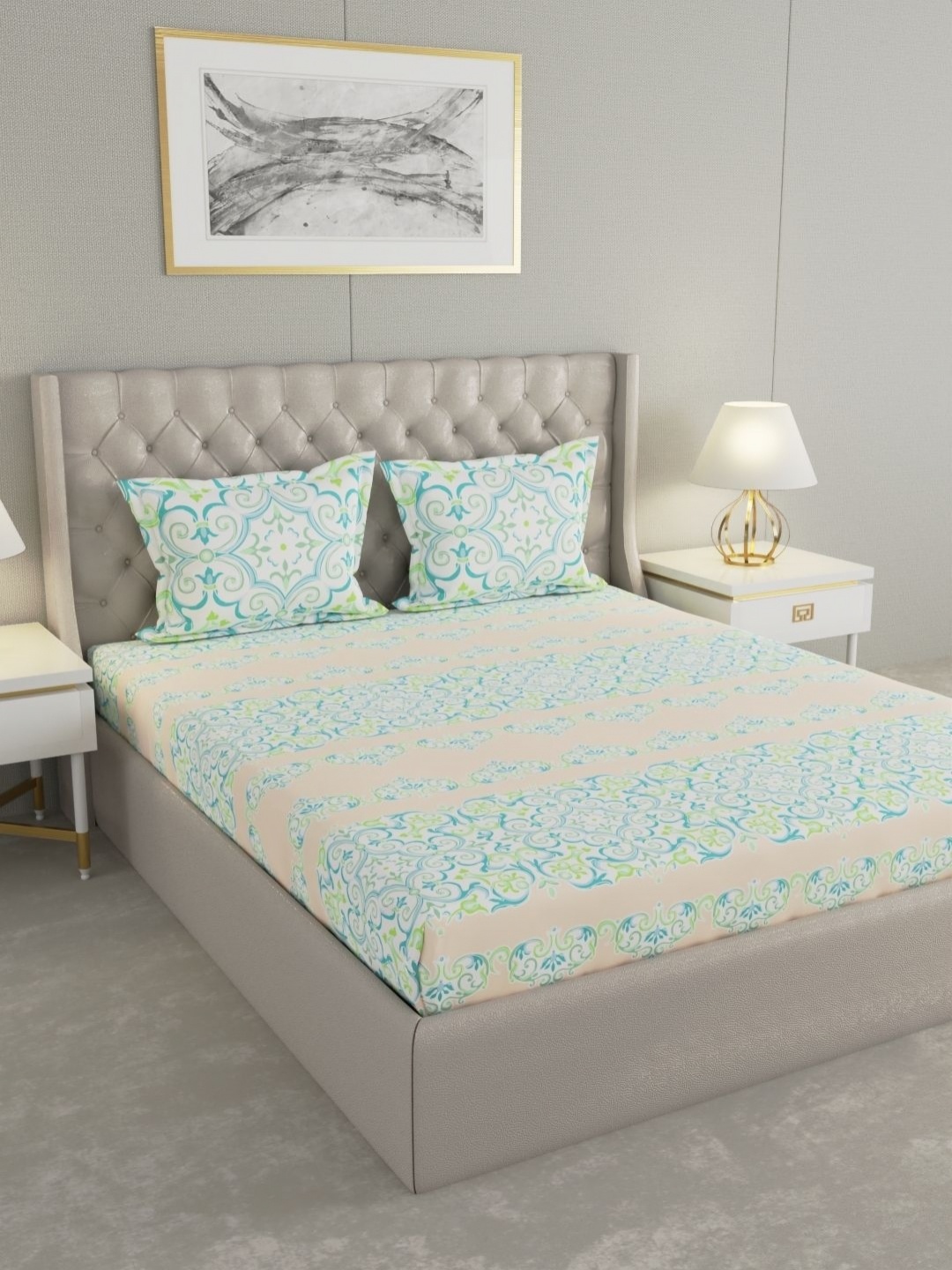 

Raymond Home Green & Beige Floral 120 TC Cotton Queen Bedsheet Set 2.24 m X 2.54 m