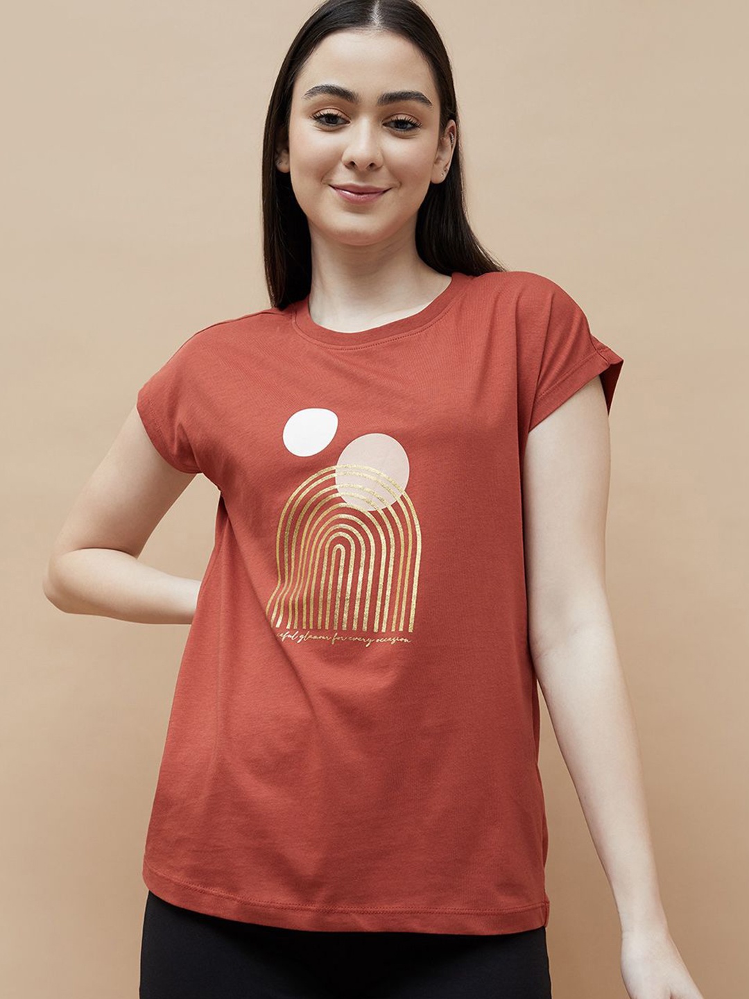 

Ginger by Lifestyle Women Graphic Printed Round Neck Cotton T-shirt, Rust