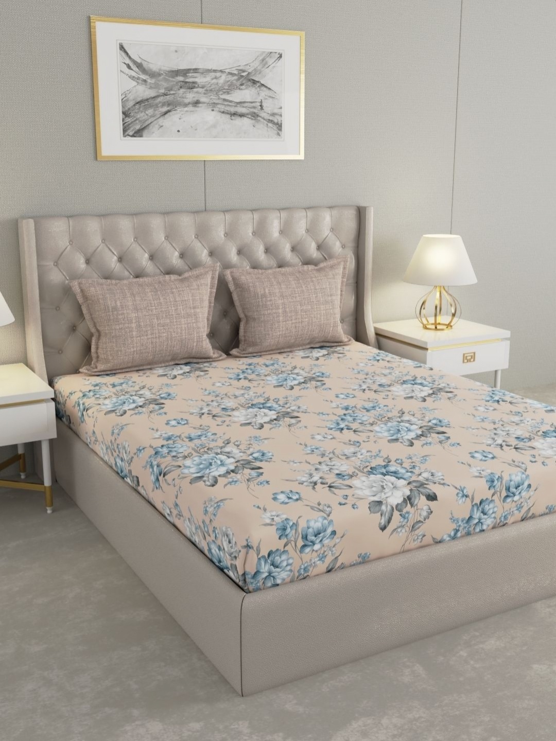 

Raymond Home Taupe & Blue Floral 120 TC Cotton Queen Bedsheet Set 2.24 m X 2.54 m