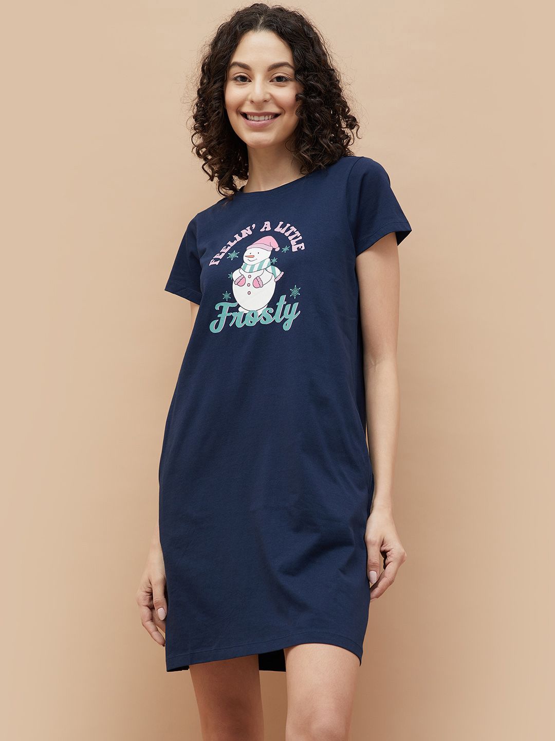 Ginger by Lifestyle Women Printed Round Neck T-shirt Dress, Blue