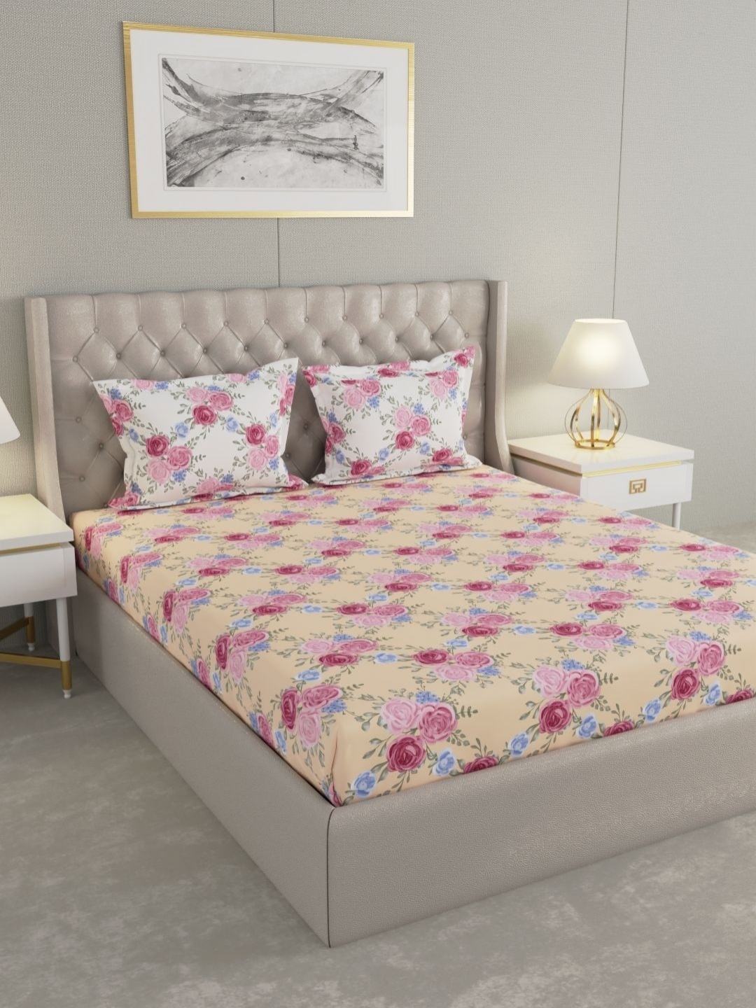 Raymond Home Cream-Coloured Floral 120 TC Cotton Queen Bedsheet Set 2.24 m X 2.54 m