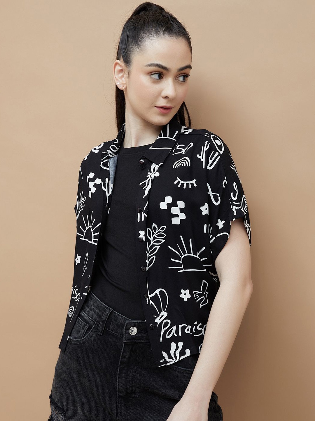 

Ginger by Lifestyle Women Spread Collar Abstract Printed Casual Shirt, Black