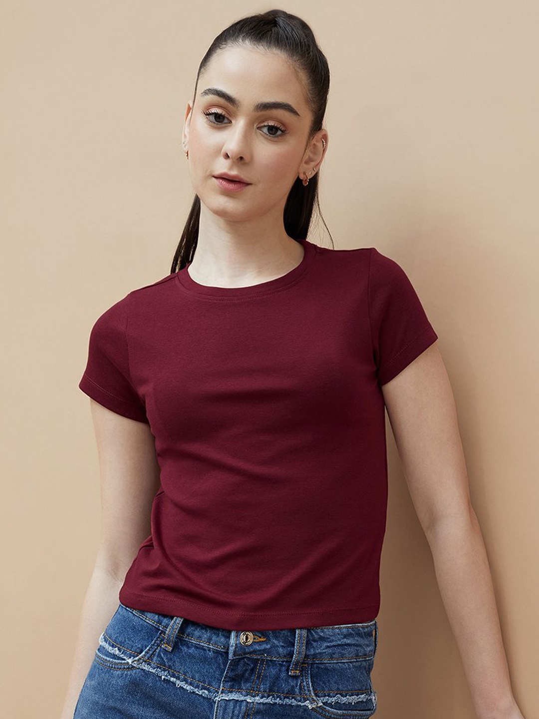 

Ginger by Lifestyle Women Solid Round Neck Cotton T-shirt, Maroon